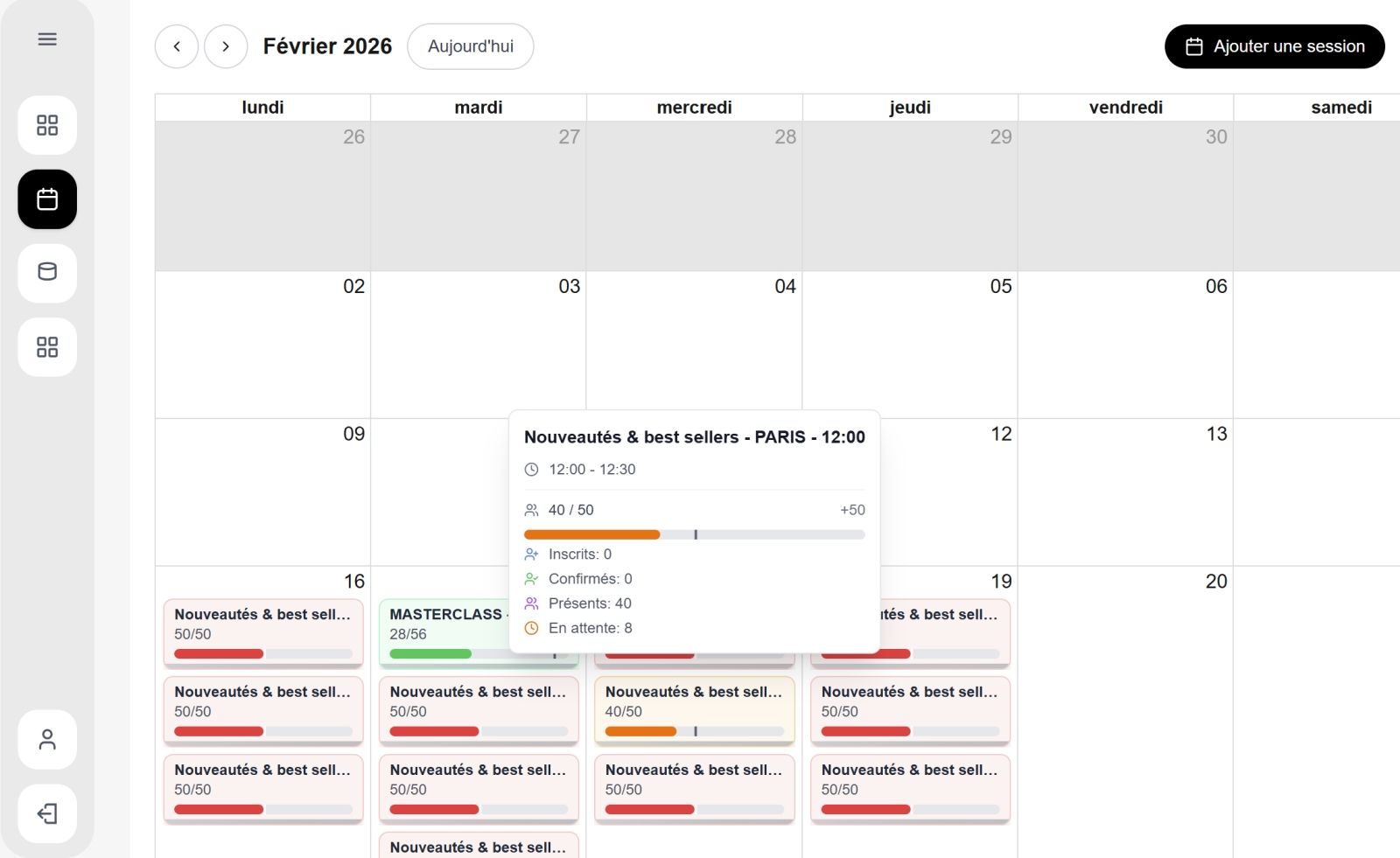 Calendrier mensuel des formations dans Famous, avec le remplissage de chaque session