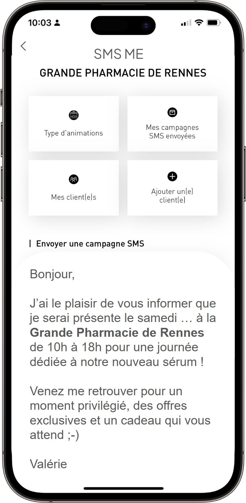 Écran SMS me d'une pharmacie : envoi d'une campagne SMS personnalisée annonçant une journée d'animation