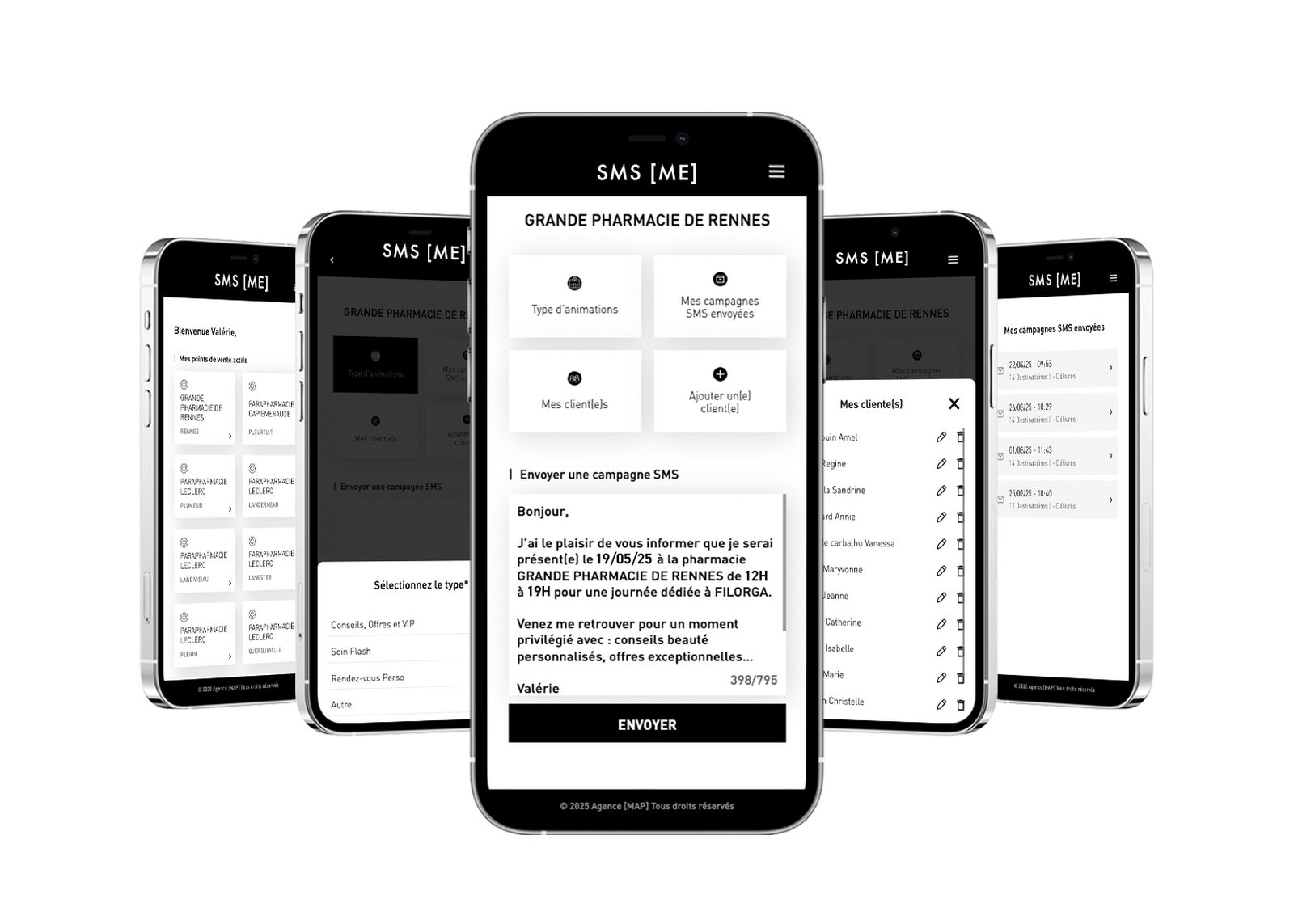Écrans de SMS me sur smartphone : création d'une campagne SMS pour un point de vente