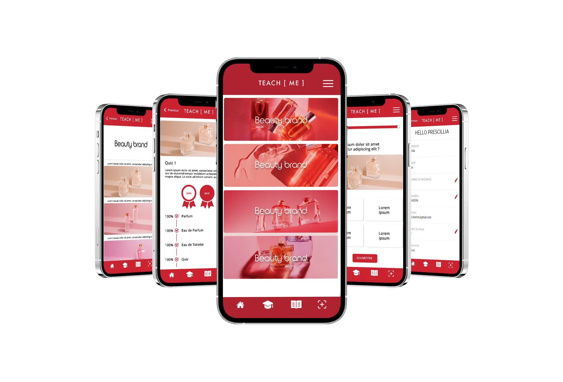 Écrans de Teach me sur smartphone : parcours de formation et quiz